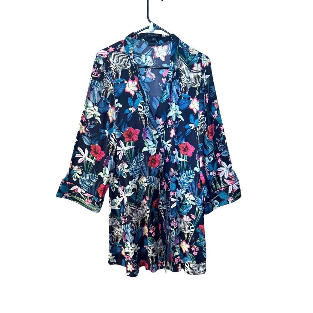 Banana Republic‎ Women’s Short Satin Robe Kimono Floral Zebra Print Size L